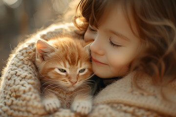 Cute little child loving to hug a kitten