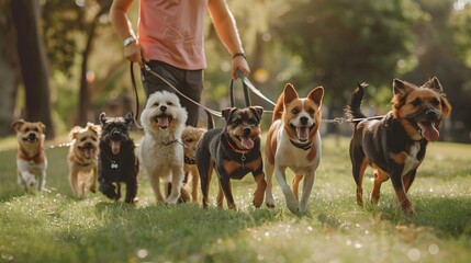 Man pet sitter walking a pack of cute different breed and rescue dogs on leash in the park, Happy pets and dog lovers