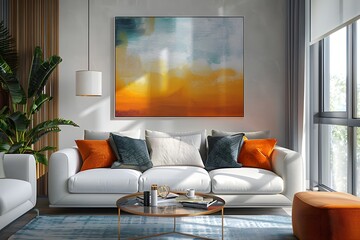 This is a unique and stylish interior with the cushions on the sofa and the pictures in the frames expressed in strong colors.