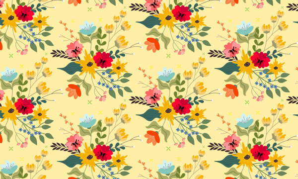 Seamless spring pattern with flowers leaves flower buds. Vector floral colorful pattern on yellow background	
