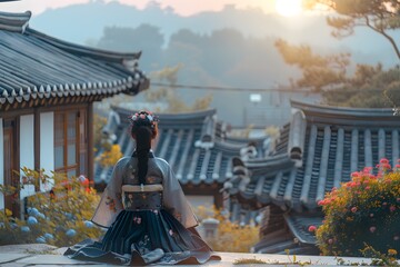 The back of a woman wearing a black hanbok in front of a tile-roofed house - obrazy, fototapety, plakaty