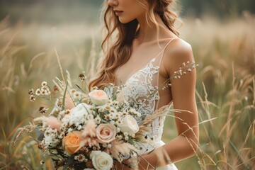 A bride preparing to get married standing on the lawn in a white dress and holding a bouquet - obrazy, fototapety, plakaty