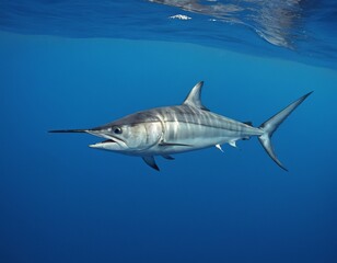 Fototapeta premium Summer composition. Swordfish swimming in the clear waters of the ocean. Concept for design, poster, fishing, recreation related to the sea or ocean.