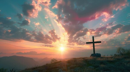 Christian cross on hill outdoors at sunset. Crucifixion Of Jesus - obrazy, fototapety, plakaty