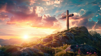 Christian cross on hill outdoors at sunset. Crucifixion Of Jesus - obrazy, fototapety, plakaty