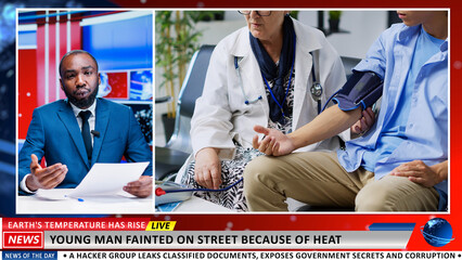 News story on high summer temperatures, african american presenter reporting tv newscast about...