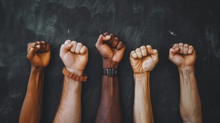 Hands of different people, of diverse race, skin color, gender raising fists up over grey background. Human rights and equality. Concept of human relation, community, togetherness, symbolism, culture - obrazy, fototapety, plakaty