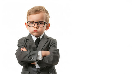 a studio portrait picture of little boy dressed up as a manager in suit isolated on white background