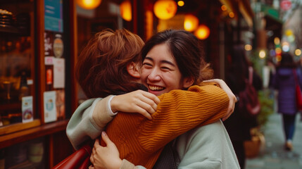 カフェの外で抱き合う日本人女性2人GenerativeAI - obrazy, fototapety, plakaty