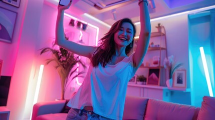 Young trendy influencer asian woman dancing on mobile phone at home in living room with neon light. Creator vlogger talent dancing enjoy hobby content recording show video sharing on social media.