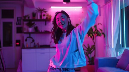 Young trendy influencer asian woman dancing on mobile phone at home in living room with neon light. Creator vlogger talent dancing enjoy hobby content recording show video sharing on social media.