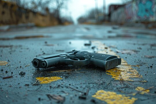 Crime scene with a pistol on the ground