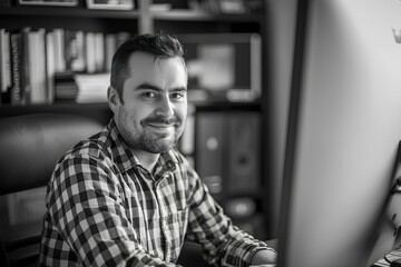 A male blog writer sitting in front of a computer. Smiling slightly. generative AI