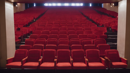 Naklejka premium Empty red seats cinema rows seats. Movie night concept, Red seats rows in empty cinema hall, empty chairs