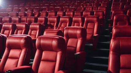 Obraz premium Empty red seats cinema rows seats. Movie night concept, Red seats rows in empty cinema hall, empty chairs