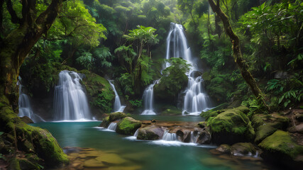 Fototapeta premium Waterfall cascades in a green forest mountains, natural waterfall with rocks and green moss wallpaper, beautiful nature 