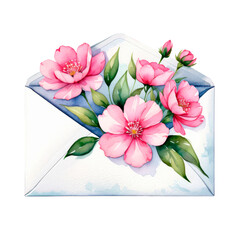 Envelope with soft pink flowers inside. Watercolor illustration