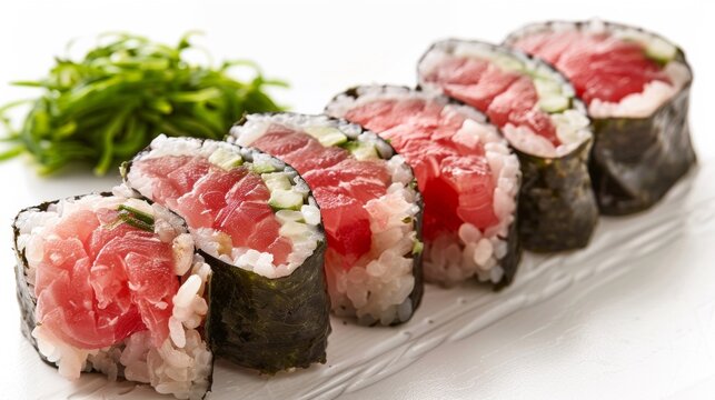 A close up of a plate with sushi rolls on it, AI