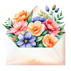 Envelope with colorful spring flower inside. Watercolor illustration