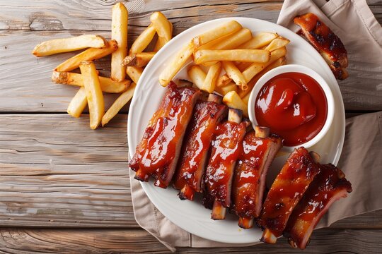Delicious bbq pork ribs plate with fries and sauce