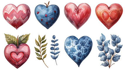 Grupa serc różniących się wzorami i kolorami. Każde serce ma inny design i wygląd, co tworzy interesującą i kreatywną kompozycję. Watercolor painting. - 747631734