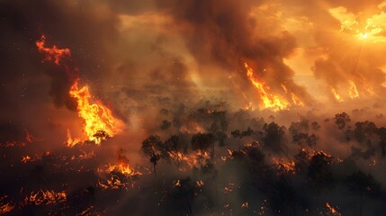 Fototapeta na wymiar Rainforest fire, wildfire, smoke disaster is burning caused by humans during the dry season 