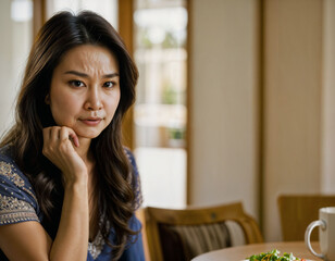 photo of beautiful asian woman as a wife with curious face feeling at kitchenroom, generative AI