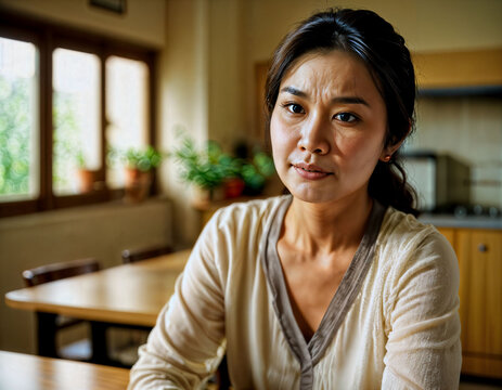 photo of beautiful asian woman as a wife with curious face feeling at kitchenroom, generative AI