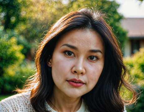 photo of beautiful asian woman as a wife with curious face feeling standing in front of her house, generative AI