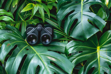 Binoculars providing a new perspective on the lush greenery of a monstera plant - obrazy, fototapety, plakaty