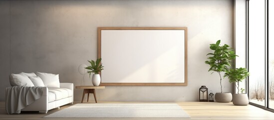 A modern living room featuring a white couch and a white rug. The room is bright with a minimalist design, highlighted by an empty frame on the wall.