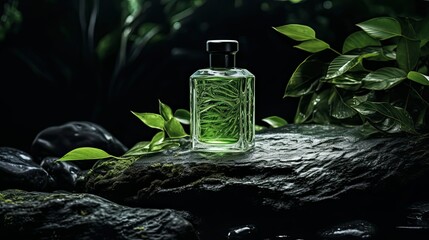 Men perfume with scent of citrus lime and bergamot. Mockup with bottle of perfume on dark background with stones and leaves. Business Template. AI generated. Concept of freshness, nature - obrazy, fototapety, plakaty