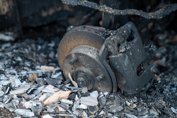 A burned out car. Burnt car in the field. Car fire, vehicle fire due to short circuit. Stolen car intentional arson. One vehicle was damaged in the fire.