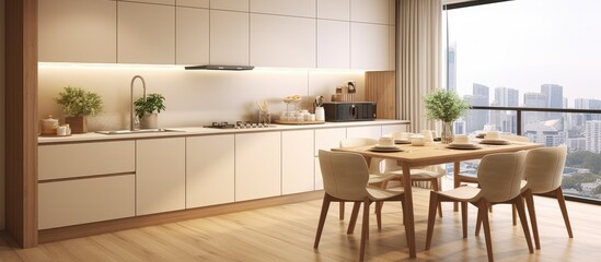 A beige home kitchen featuring a table and chairs, hardwood floors, cabinets, and a fridge. The panoramic window offers a view of Kuala Lumpur city.