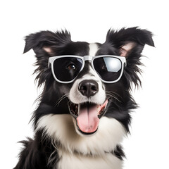 Ready for summer, a happy border collie dog with sunglasses close up, Isolated on Transparent Background, PNG