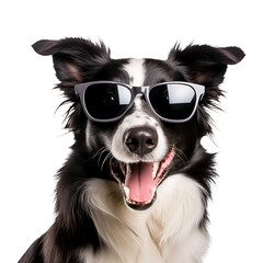 Border collie dog with sunglasses, close up and happy for summer, Isolated on Transparent Background, PNG - obrazy, fototapety, plakaty