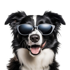 Summer-ready border collie dog with sunglasses, happy and close up, Isolated on Transparent Background, PNG