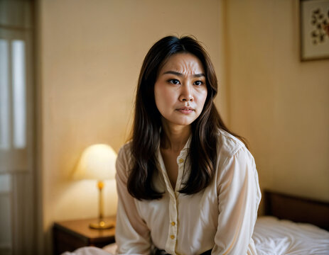 photo of beautiful asian woman as a wife with curious face feeling at bedroom, generative AI