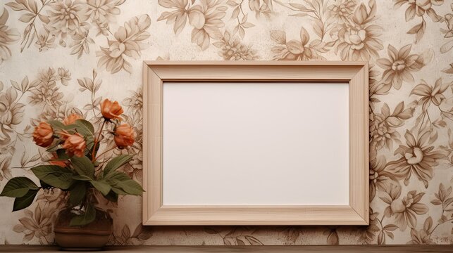 Empty photo frame on boho background with flowers in vase. A mockup in a minimal rustic style. Natural Business template with dry plants. AI generated