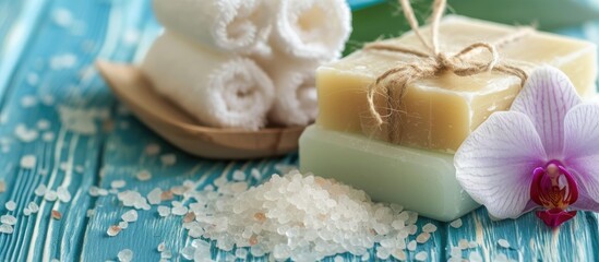 Close up of sea salt soap and orchid on a blue wooden table during spa treatments.
