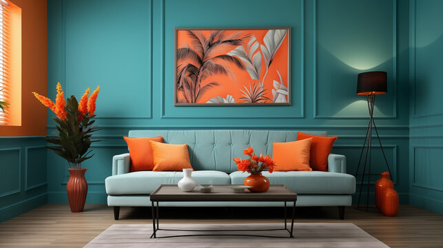 Stylowe eklektyczne boho wnętrze salonu z designerską miętową sofą, meblami, nowoczesnym obrazem, roślinami i eleganckimi akcesoriami osobistymi. Wystr&oacute;j domu. Projektowanie wnętrz. Szablon.
