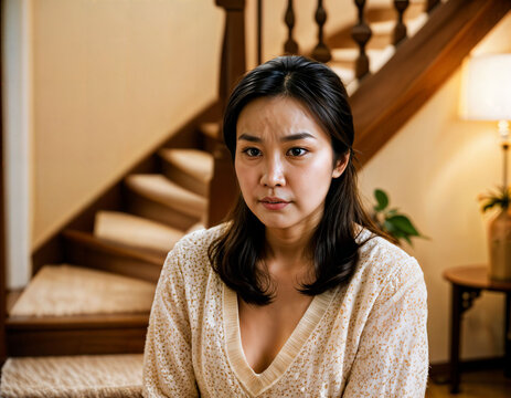 photo of beautiful asian woman as a wife with curious face feeling at inside her house, generative AI