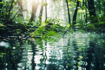 Mystical and tranquil, the forest bathed in dappled sunlight reflecting off a serene water surface