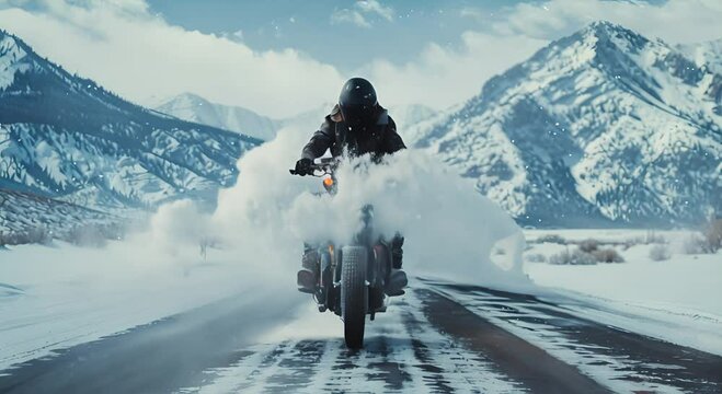 Alone motorcyclist on winter road and snowy mountains  
