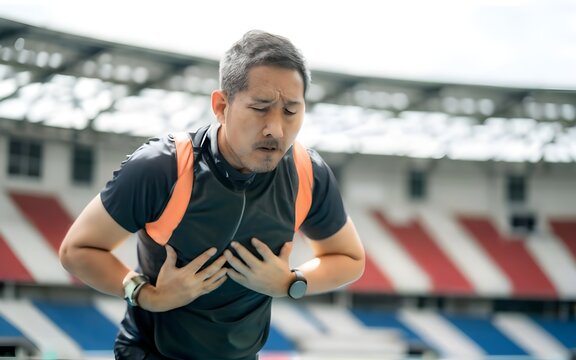 Heart attack while running and doing fitness and active exercise in stadium, asian mature man has severe chest pain, stock photos, stock life, stock images