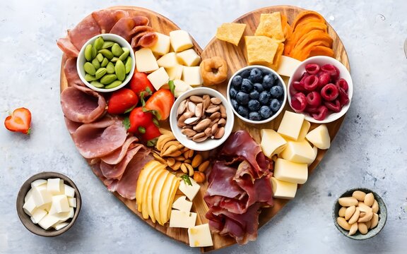 Heart-shaped charcuterie board filled with assorted meats, fruits and nuts for Valentine's day party, food stock images, stock photos, stock life, stock images, food blogs, food images