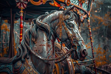 Close-up of an intricately designed vintage carousel horse with a deep, moody forest backdrop, evoking feelings of nostalgia