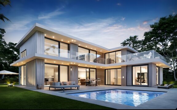 Exterior of modern minimalist cubic villa with swimming pool at sunset., photo, stock images, stock photo, life stock