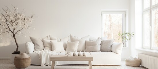 A white couch sits in a Scandinavian-designed living room, accompanied by a tree that brings a touch of nature indoors. The room is minimalistic and clean, with a serene vibe.