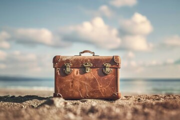 A well-traveled vintage suitcase sits alone on a sandy beach, invoking a sense of wanderlust and the allure of travel adventures - obrazy, fototapety, plakaty